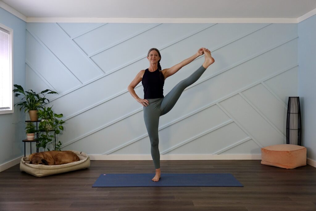 hand to big toe pose C, birds of paradise prep